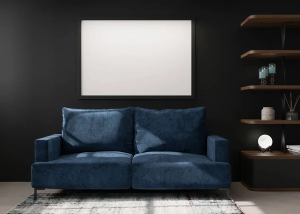 Üres fekete képkeret a fekete falon a modern nappaliban. Kigúnyolják a belső teret kortárs stílusban. Szabad hely, másolás a képnek, poszter. Kék kanapé. polcok, szőnyeg. 3D renderelés. — Stock Fotó