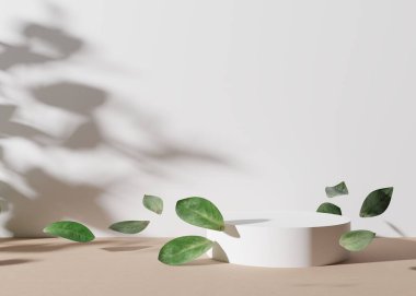 Beyaz, yuvarlak, yapraklı, havada uçan, beyaz arka planda. Doğal ürün podyumu, kozmetik sunumu. Model yap. Güzellik ürünleri için yayalar veya platformlar. Boş sahne. 3B görüntüleme.