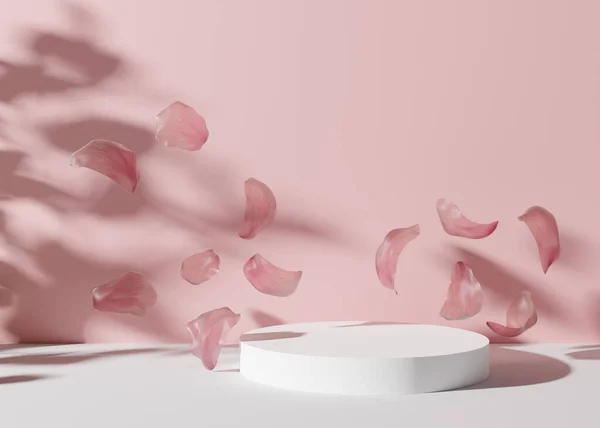 Λευκό βάθρο με πέταλα λουλουδιών που πετούν στο ροζ φόντο. 3D απόδοση. Κομψό βάθρο για το προϊόν, καλλυντική παρουσίαση. Mock επάνω. Pedestal ή πλατφόρμα για τα προϊόντα ομορφιάς. — Φωτογραφία Αρχείου