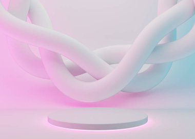 Beyaz arkaplanlı ve neon ışıklı soyut çizgileri olan podyum. Modern ürün podyumu, kozmetik sunumu. Model yap. Güzellik ürünleri için yayalar veya platformlar. Boş sahne. 3B görüntüleme.