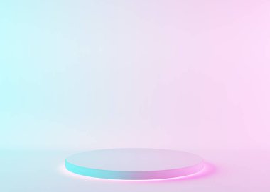 Basit, yuvarlak, beyaz arka planda, neon ışıklı bir podyum. Modern ürün podyumu, kozmetik sunumu. Model yap. Güzellik ürünleri için yayalar veya platformlar. Boş sahne. 3B görüntüleme.