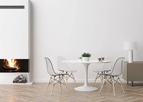 Κενό λευκό τοίχο στο μοντέρνο σαλόνι. Ετοίμασε το εσωτερικό σε μοντέρνο στυλ. Ελεύθερος χώρος για φωτογραφία, αφίσα. Τζάκι, τραπέζι, καρέκλες. 3D απόδοση. — Φωτογραφία Αρχείου