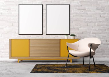 Modern oturma odasındaki beyaz tuğla duvara iki boş dikey resim çerçevesi. İç dekorasyonu çağdaş tarzda yapın. Resim için boş yer, poster. Koltuk, sarı büfe, bitkiler. 3B görüntüleme.