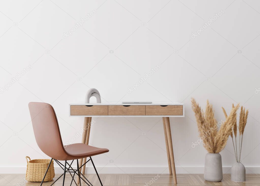 Empty white wall in modern home office. Mock up interior in scandinavian, boho style. Free space, copy space for your picture, poster. Desk, chair, pampas grass, rattan basket. 3D rendering.