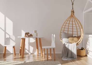 Modern çocuk odasında boş beyaz duvar. İç mekanın İskandinav tarzında, boho tarzı. Bedava, resmin için fotokopi alanı, poster. Masa, tahta koltuk, oyuncaklar. Çocuklar için rahat bir oda. 3B görüntüleme.