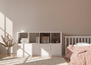 Modern çocuk odasında boş krema duvarı. İç mekanı İskandinav tarzıyla süsleyin. Bedava, resmin için fotokopi alanı, poster. Konsol, yatak, vazo, otlar, oyuncaklar. Çocuklar için rahat bir oda. 3B görüntüleme.