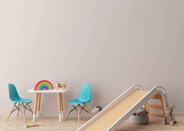 Empty cream wall in modern child room. Mock up interior in contemporary style. Free space, copy space for your picture, poster. Table, chairs, slide, toys. Cozy room for kids. 3D rendering.