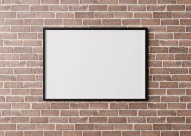 Kahverengi duvarda asılı boş, siyah yatay resim çerçevesi. Şablon, resim ya da poster için hazırlan. Uzayı kopyala 3B görüntüleme.