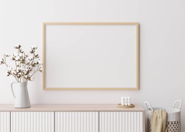 Modern oturma odasındaki beyaz duvara boş yatay resim çerçevesi. İç mekanı minimalist, çağdaş tarzda düzenle. Resmin için boş yer, poster. Konsol, pamuk fabrikası. 3B görüntüleme.