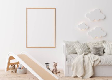 Modern çocuk odasındaki beyaz duvara boş dikey resim çerçevesi. İç mekanı İskandinav tarzıyla süsleyin. Bedava, resmin için kopyalama alanı. Yatak, kaydırma, oyuncaklar. Çocuklar için rahat bir oda. 3B görüntüleme.