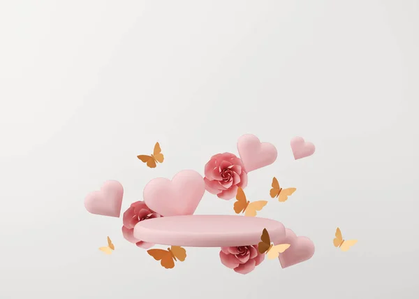 Ροζ βάθρο με ιπτάμενες καρδιές, λουλούδια και πεταλούδες. Ημέρα της Γυναίκας, Ημέρα της Μητέρας, Γάμος, Επέτειος. Πλατφόρμα για το προϊόν, καλλυντική παρουσίαση. Mock επάνω. Pedestal για τα προϊόντα ομορφιάς. 3D απόδοση — Φωτογραφία Αρχείου