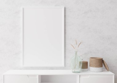 Modern oturma odasındaki beyaz duvara boş dikey resim çerçevesi. İç mekan minimalist, İskandinav tarzı. Resim için boş yer var. Konsol, rattan sepet, vazoda kurutulmuş ot. 3B görüntüleme.