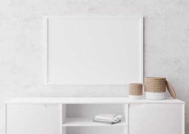Modern oturma odasındaki beyaz duvara boş yatay resim çerçevesi. İç mekan minimalist, İskandinav tarzı. Bedava, resim için kopyalama alanı. Konsol, rattan sepet. 3B görüntüleme.
