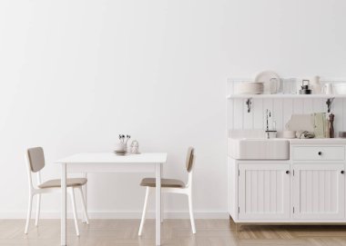 Modern mutfakta boş beyaz duvar. İç mekanı minimalist, çağdaş tarzda düzenle. Boş alan, resim, metin ya da başka bir tasarım için boşluk kopyala. Masa, sandalyeler. 3B görüntüleme.