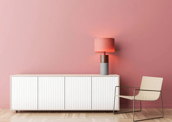 Empty pink wall in modern living room. Mock up interior in contemporary style. Free space, copy space for your picture, text, or another design. Sideboard, armchair, lamp. 3D rendering.