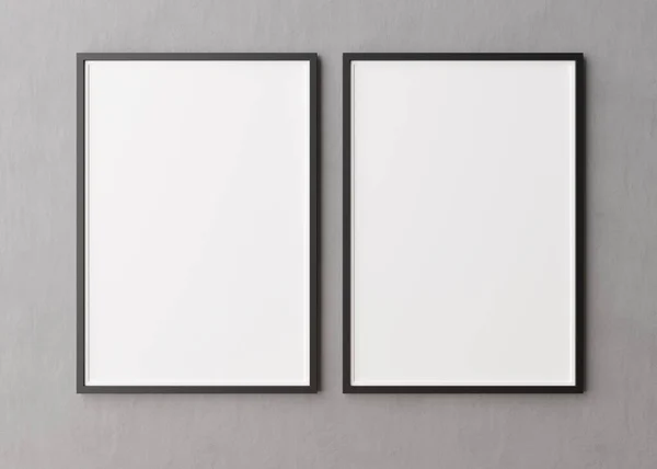 Dos marcos verticales en blanco colgando de la pared de hormigón. Plantilla, maqueta para tu foto o póster. Copiar espacio. Renderizado 3D. — Foto de Stock