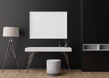 Modern odadaki siyah duvara boş resim çerçevesi. İç dekorasyonu çağdaş tarzda yapın. Boş alan, resmin için kopyalama alanı, poster. Masa, lamba, parke zemin. 3B görüntüleme.