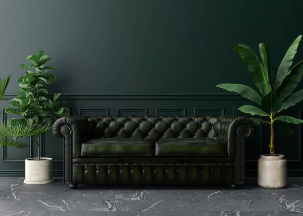 Empty dark green wall in modern living room. Mock up interior in classic style. Free space, copy space for your picture, text, or another design. Leather sofa, plants. 3D rendering.