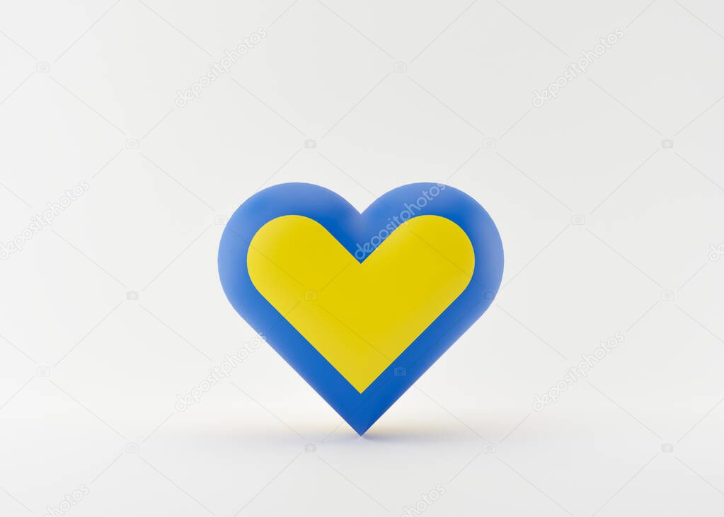 Blue and yellow heart shape, colors of Ukrainian flag. Russian Ukrainian conflict. Save Ukraine. Stop war, military attack and occupation. Love symbol. Support. Free, copy space for text. 3D rendering