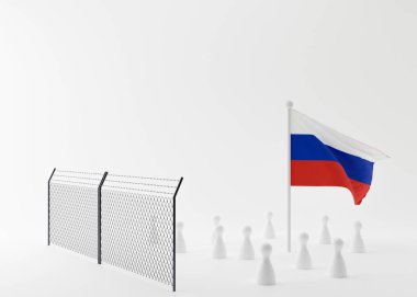 Rus bayrağı ve dikenli çitlerin arkasındaki insanlar. Dünyanın geri kalanından izolasyon, yaptırımlar. Rus Ukrayna çatışması. Savaşı, işgali durdurun. Boş, metin için boşluk kopyala. 3B görüntüleme