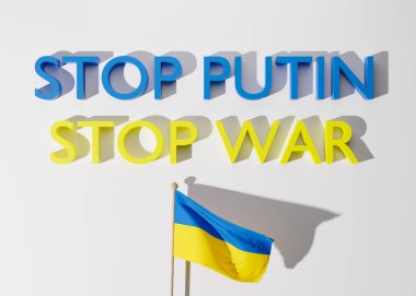 Ukrayna bayrağı ve metin PUTIN, beyaz arka planda DUR SAVAŞ. Rus Ukrayna çatışması. Askeri saldırıyı durdurun. Ukrayna 'yı kurtar. İşgal sırasında ülkeye destek. 3B görüntüleme.