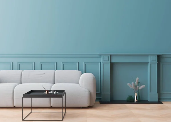 Üres kék fal a modern nappaliban. Kigúnyolják a belső teret kortárs stílusban. Ingyenes, másolás helyet kép, poszter, szöveg, vagy más design. Dívány, asztal, váza. 3D renderelés. — Stock Fotó