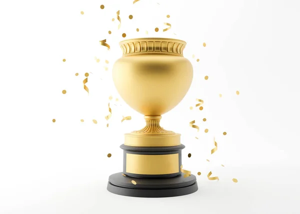 Campione d'oro, coppa trofeo con coriandoli caduti su sfondo bianco. Libero, copiare spazio per il testo. La coppa del trofeo si fa beffe. Premio sportivo, premio vincitore, concetto vincente. Oro, primo posto. Rendering 3D. — Foto Stock