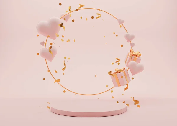 Ροζ βάθρο με καρδιές, πεσμένα κομφετί και δώρα. Ημέρα της Γυναίκας, Ημέρα της Μητέρας, Γάμος, Επέτειος, Ημέρα του Αγίου Βαλεντίνου. Mockup. Pedestal, πλατφόρμα για το προϊόν ομορφιάς, καλλυντική παρουσίαση. 3D απόδοση — Φωτογραφία Αρχείου