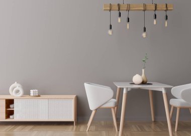 Modern oturma odasındaki boş gri duvar. İç mekanı çağdaş, İskandinav tarzıyla süsleyin. Boş, resim, poster, metin ya da başka bir tasarım için boşluk kopyala. Konsol, masa, sandalyeler, lamba. 3B görüntüleme.