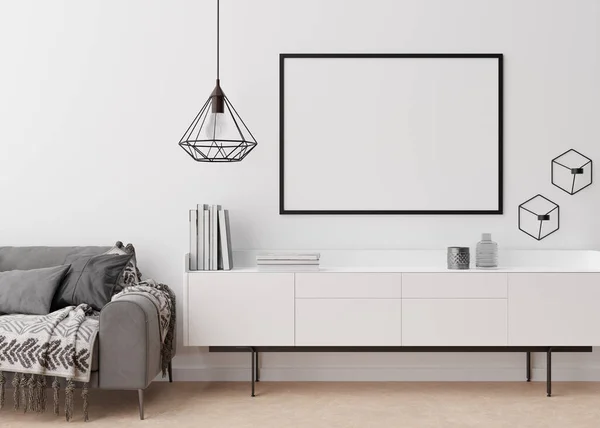 现代客厅白墙上的空白黑色画框.模仿当代风格的室内装潢.空余空间，复制空间为您的图片，海报。索法，餐具柜，灯，书籍。3D渲染. — 图库照片