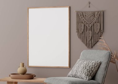 Modern oturma odasındaki kahverengi duvara boş dikey resim çerçevesi. İç mekanın İskandinav tarzında, boho tarzı. Bedava, resmin için kopyalama alanı. Koltuk, makrome, vazo, kurutulmuş ot. 3B görüntüleme.