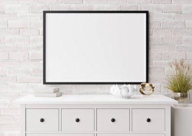 Modern oturma odasındaki beyaz tuğla duvara boş yatay resim çerçevesi. İç mekan minimalist, İskandinav tarzı. Bedava, fotoğraf için fotokopi alanı, poster. Konsol, heykeller. 3B görüntüleme.
