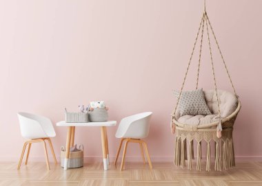 Modern çocuk odasında boş pembe duvar. İç mekanın İskandinav tarzında, boho tarzı. Bedava, resmin için fotokopi alanı, poster. Masa, sandalyeler, sallanan koltuklar, oyuncaklar. Çocuklar için rahat bir oda. 3B görüntüleme.