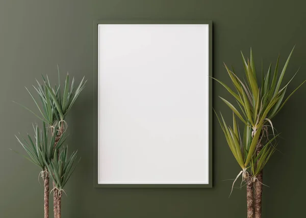 Пустая вертикальная рамка на зеленой стене. Бесплатно, копировать место для фото, плакат. Шаблон для вашего дизайна. Растения. 3D рендеринг. — стоковое фото