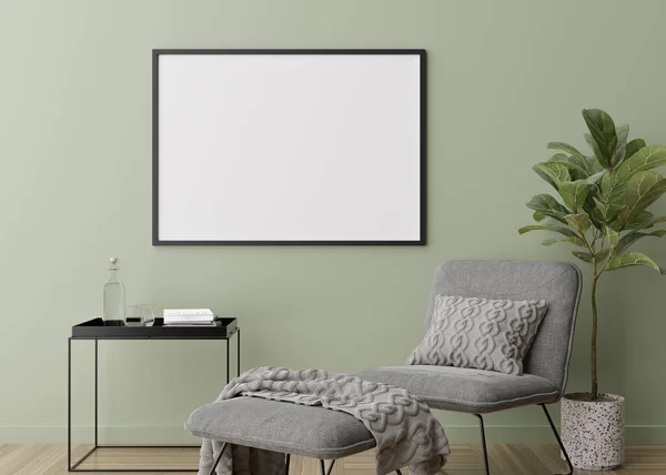 Пустой горизонтальный кадр на зеленой стене в современной гостиной. Образец интерьера в современном стиле. Бесплатная копия для фотографии, плакат. Кресло, растение, паркет. 3D рендеринг. — стоковое фото