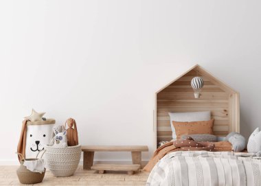 Modern çocuk odasında boş beyaz duvar. İç mekanı İskandinav tarzıyla süsleyin. Bedava, resmin için fotokopi alanı, poster. Yatak, rattan sepet, oyuncaklar. Çocuklar için rahat bir oda. 3B görüntüleme.
