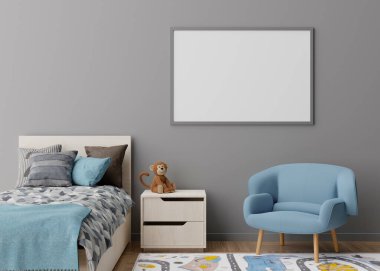 Modern çocuk odasındaki gri duvara boş yatay resim çerçevesi. İç mekanı İskandinav tarzıyla süsleyin. Bedava, resmin için fotokopi alanı, poster. Yatak, oyuncaklar. Çocuklar için rahat bir oda. 3B görüntüleme.