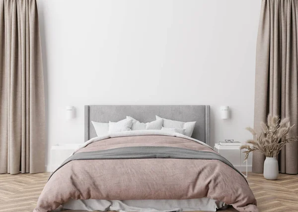 现代舒适的卧室里空荡荡的白色墙壁。用简约、现代的风格模仿室内环境.为你的图片、文字或其他设计提供空闲空间、复制空间。床，潘帕斯草。3D渲染. — 图库照片