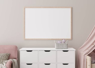Modern çocuk odasındaki krema duvarına boş yatay resim çerçevesi. İç mekanı İskandinav tarzıyla süsleyin. Bedava, resmin için fotokopi alanı, poster. Manzarayı kapat. Çocuklar için rahat bir oda. 3B görüntüleme.