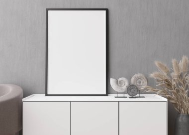 Modern oturma odasındaki gri beton duvara boş dikey resim çerçevesi. İç mekan minimalist, İskandinav tarzı. Resim için boş yer var. Konsol, pampa otu. 3B görüntüleme.
