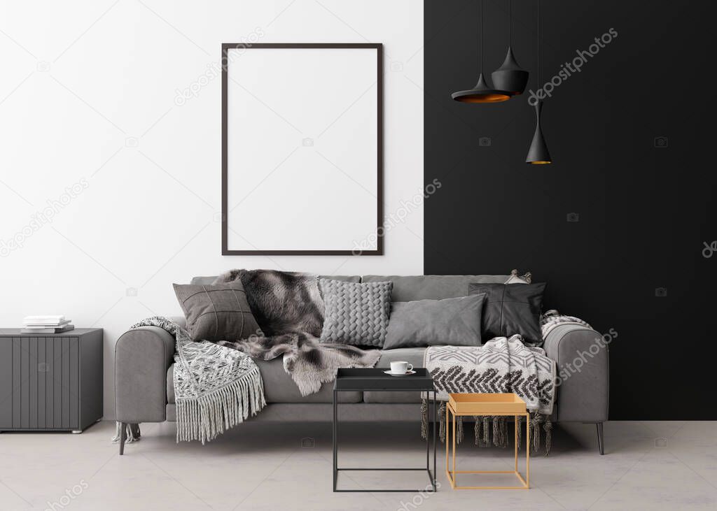 Empty vertical picture frame on white wall in modern living room. Mock up interior in minimalist, contemporary style. Free, copy space for your picture. Sofa, table, lamps. 3D rendering.