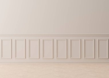 Boş oda, pervazlı krema duvarı. Sadece duvar ve zemin. İç mekan gibi. Bedava, mobilyalarınız, resimleriniz ve diğer eşyalar için yer kopyalayın. 3B görüntüleme.