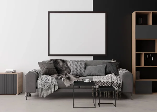 Empty picture frame on white and black wall in modern living room. Mock up interior in contemporary style. Free space, copy space for your picture, poster. Sofa, table. 3D rendering. — Stock Photo, Image