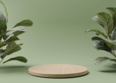 Yeşil arka planda yaprakları olan ahşap bir podyum. Ürün podyumu, kozmetik sunumu. Doğal bir model. Güzellik ürünleri için yayalar veya platformlar. Boş sahne. 3B görüntüleme.