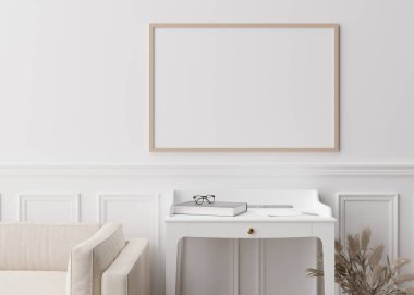 Modern oturma odasındaki beyaz duvara boş resim çerçevesi. İç dekorasyonu çağdaş tarzda yapın. Manzarayı kapat. Resmin için boş yer, poster. Konsol, vazo, otlar. 3B görüntüleme.