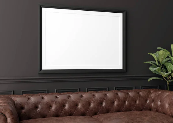 Пустой горизонтальный кадр на темной стене в современной гостиной. Образец интерьера в современном стиле. Бесплатная копия для фотографии, плакат. Кожаный диван, растение. 3D рендеринг. — стоковое фото