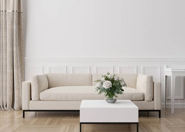 Pared blanca vacía en la sala de estar moderna. Prepara el interior en estilo contemporáneo. Espacio libre para copiar imágenes, póster, texto u otro diseño. Sofá, mesa, flores. Renderizado 3D. — Foto de Stock