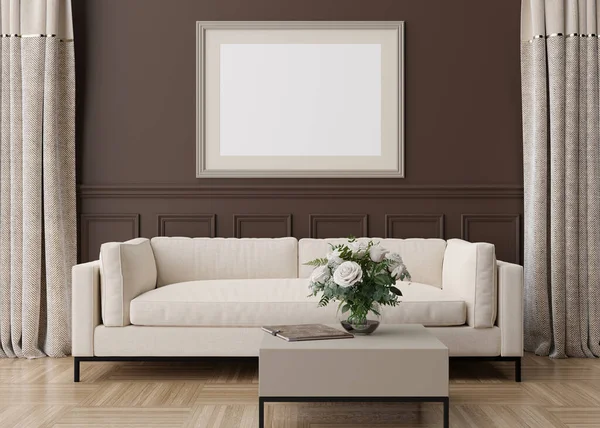 Marco horizontal vacío en la pared marrón en la sala de estar moderna. Prepara el interior en estilo clásico. Espacio libre, copia para tu foto, cartel. Sofá, mesa, flores en jarrón. Renderizado 3D. — Foto de Stock