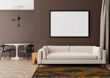 Modern oturma odasındaki kahverengi duvara boş siyah resim çerçevesi. İç dekorasyonu çağdaş tarzda yapın. Boş alan, resmin için kopyalama alanı, poster. Koltuk, masa, halı. 3B görüntüleme.