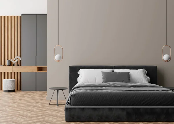 现代舒适的卧室里空荡荡的灰色墙壁。用简约、现代的风格模仿室内环境.为你的图片、文字或其他设计提供空闲空间、复制空间。床，灯。3D渲染. — 图库照片